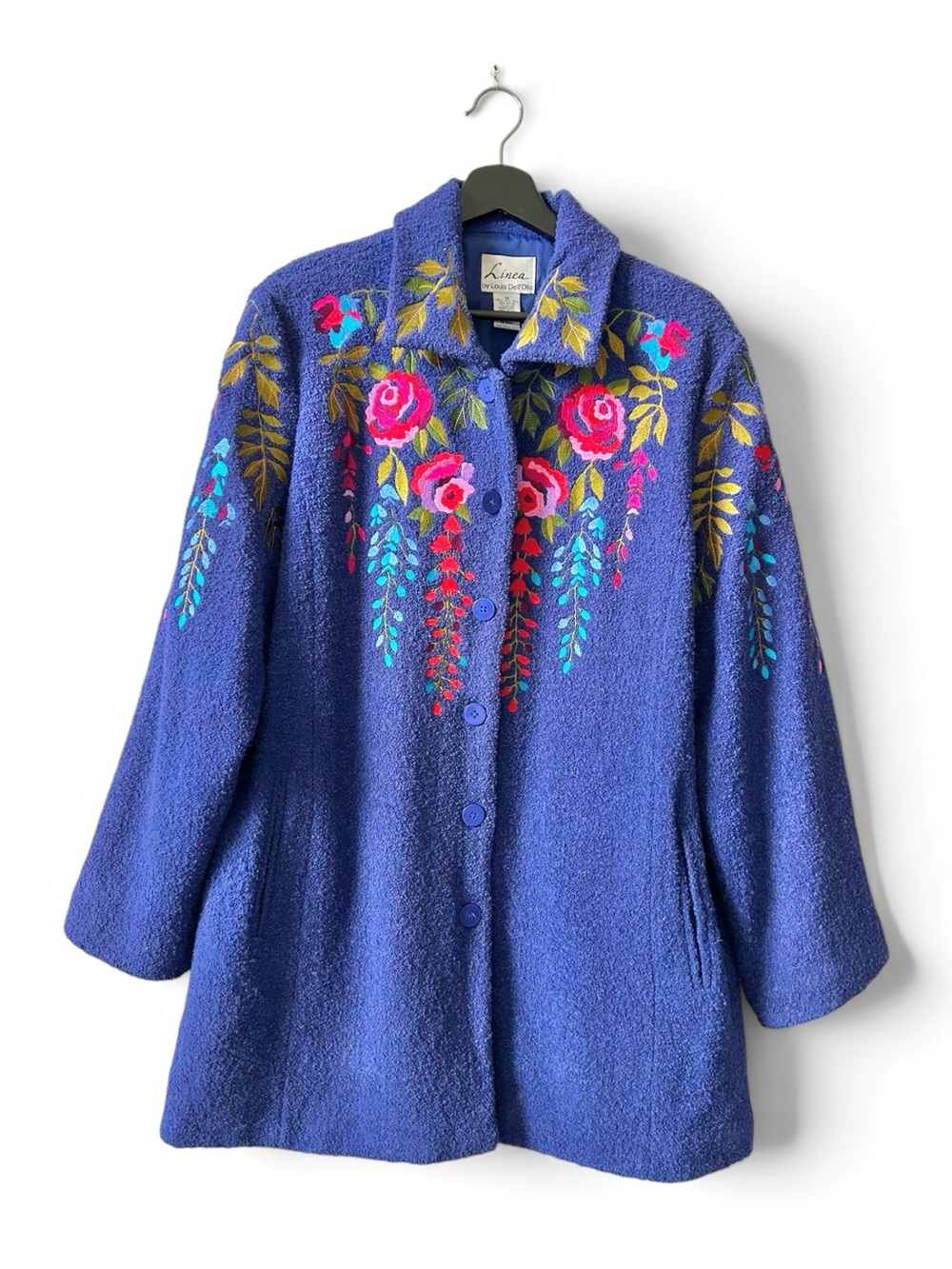 Linea Louis Dell’Olio Floral Embroidered Button Front Boucle Coat Size 1X Blue